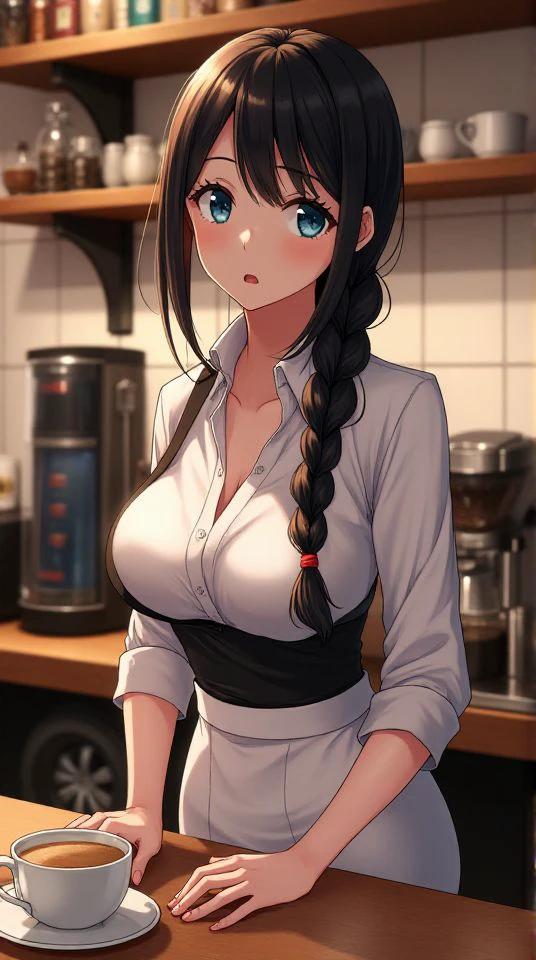 score_9, score_8_up, score_8, score_9, score_8_up, score_8, 1girl, ((18YO:1.2)), Adult, full lips, big clear eyes, blue eyes, ((black hair:1)), (single braid: 1.2), working as barista, 2 bored womans stand apart, woman at the phone, bulging breasts, staring at breasts, lactation into coffee mug, server, (hands pressing breast:1.1), reaches out to the viewer, public coffee shop, volumetric lighting, studio lighting, milking breast into coffee