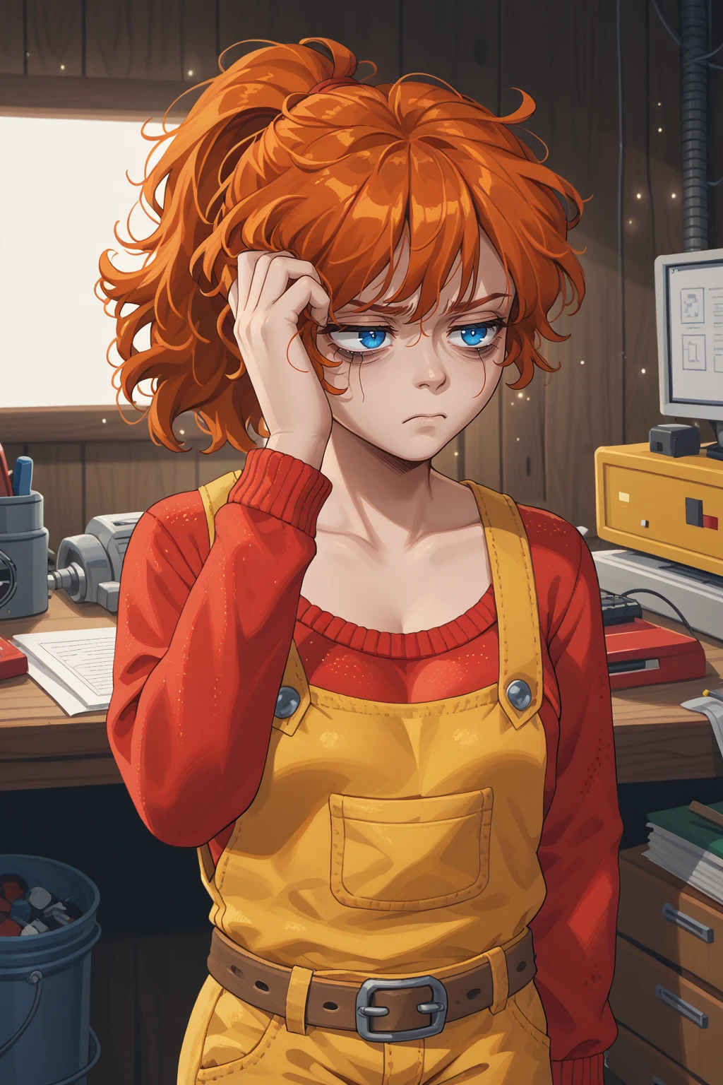 score_9, score_8_up, <lora:NSMechanicTerraria:1> NSMechanicTerraria, blue eyes, orange hair, ponytail, medium hair, red sweater, yellow overalls, long sleeves, brown belt, dim lights, bags under eyes, tired, grumpy, indoors, workshop, grayscale, messy hair, hand on own head