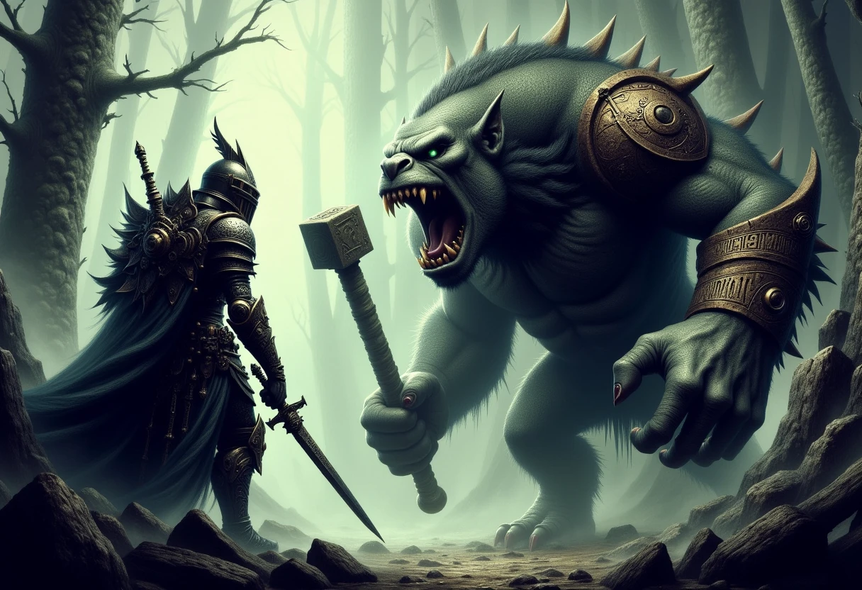 <lora:drkfnsy_pdxl_EliPot:1>, dark fantasy knight on the left holding a sword looking at an ogre, a giant ogre holding a wooden club roaring on the right side,