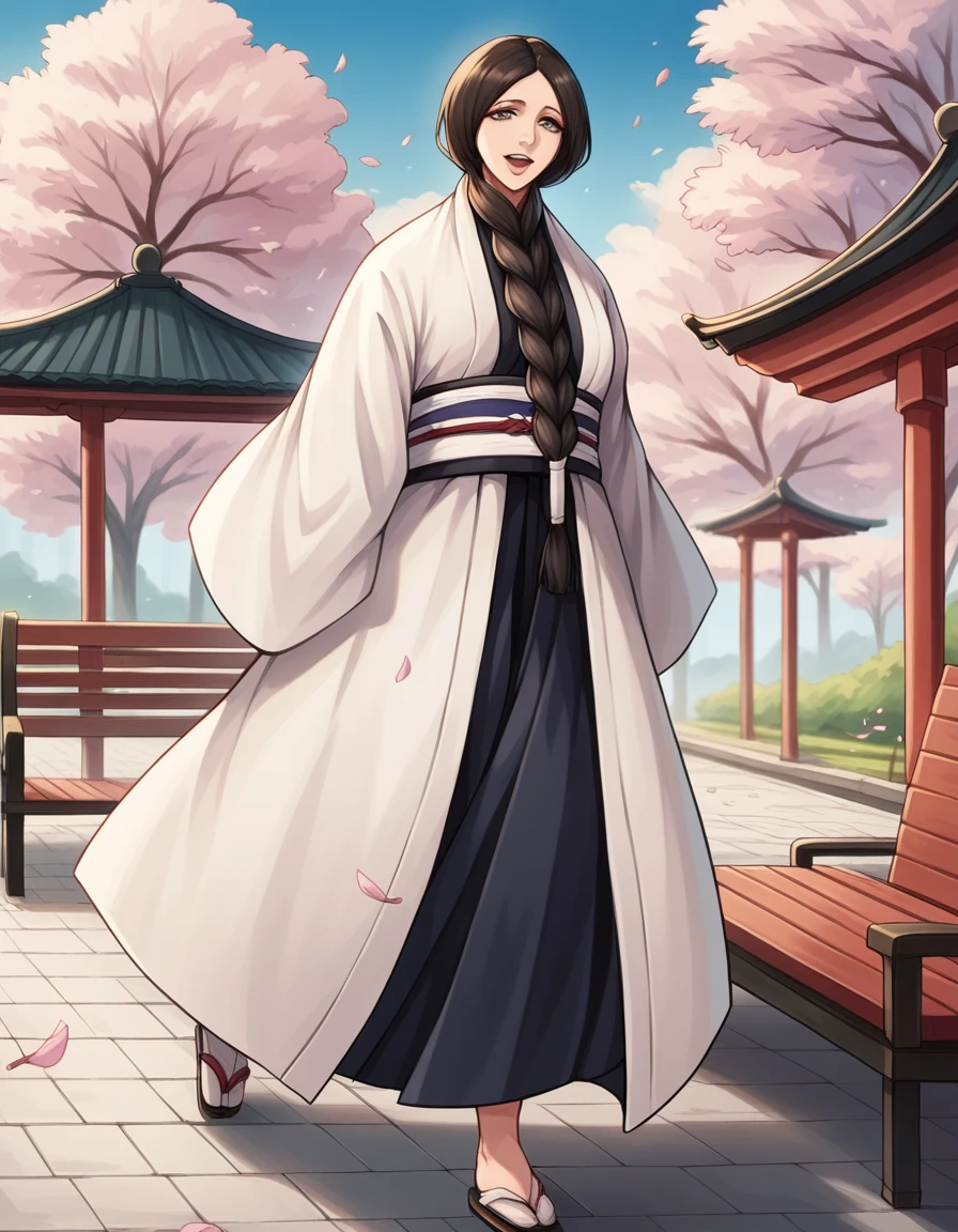 score_9, score_8_up, score_7_up, source_anime, <lora:retsu-unohana-anime-ponyxl-lora-nochekaiser:1>, unohana, long hair, black hair, braid, single braid, large breasts,, japanese clothes, kimono, haori,, park, cherry blossoms, bench, gentle breeze, peaceful, running, open mouth,, smile, looking at viewer, knee forward, arm behind back, foot on tiptoe, solo,, cowboy shot, dutch angle