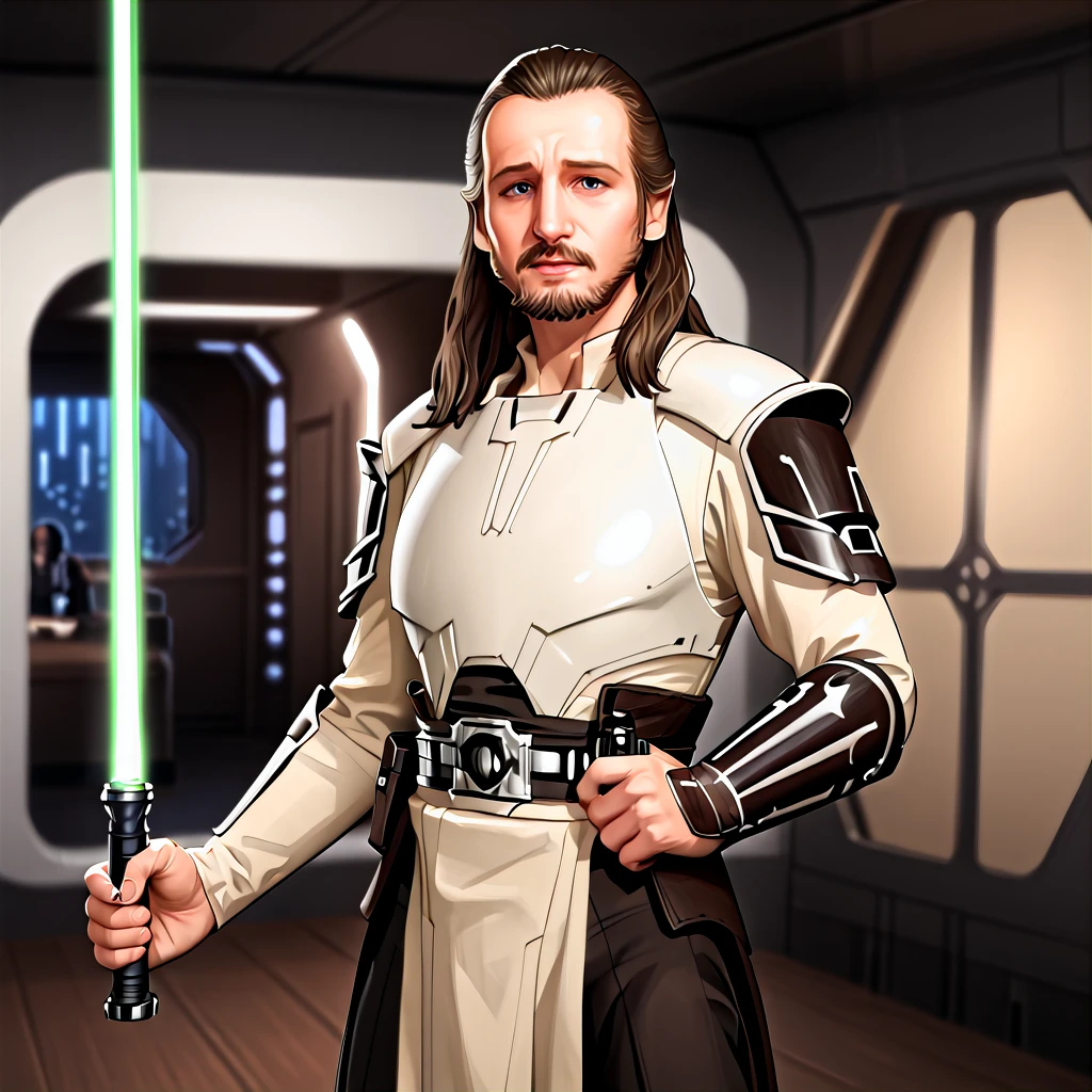 photorealistic, 4k UHD, <lora:SW_Qui-Gon_Jinn:1> qui-gon jinn standing holding his lightsaber in hand at the ready, star wars, male focus, facial hair, 1boy, beard, solo, long hair, realistic, mustache, weapon, holding lightsaber, brown hair, pauldrons, armor, shoulder armor, breastplate, science fiction, blurry background,  <lora:SWTOR_Resilient_Warden:.5> <lora:SW_Imperial_Style:1> imperial-style, imperial-tech, star wars, indoors, door, ceiling, reflection, dark, interior, night