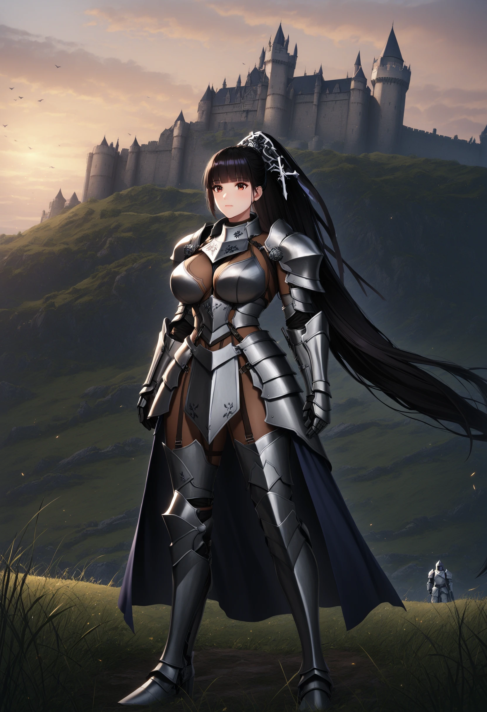 sysdeep_eve, 1girl, solo, long_hair, breasts, large_breasts, black_hair, hair_ornament, closed_mouth, ponytail, blunt_bangs, brown_eyes, outdoors, standing_on_hill, castle, knight, metal_armor, knight_armor, <lora:Eve - [Stellar Blade] - SDXL Version 1:0.8>