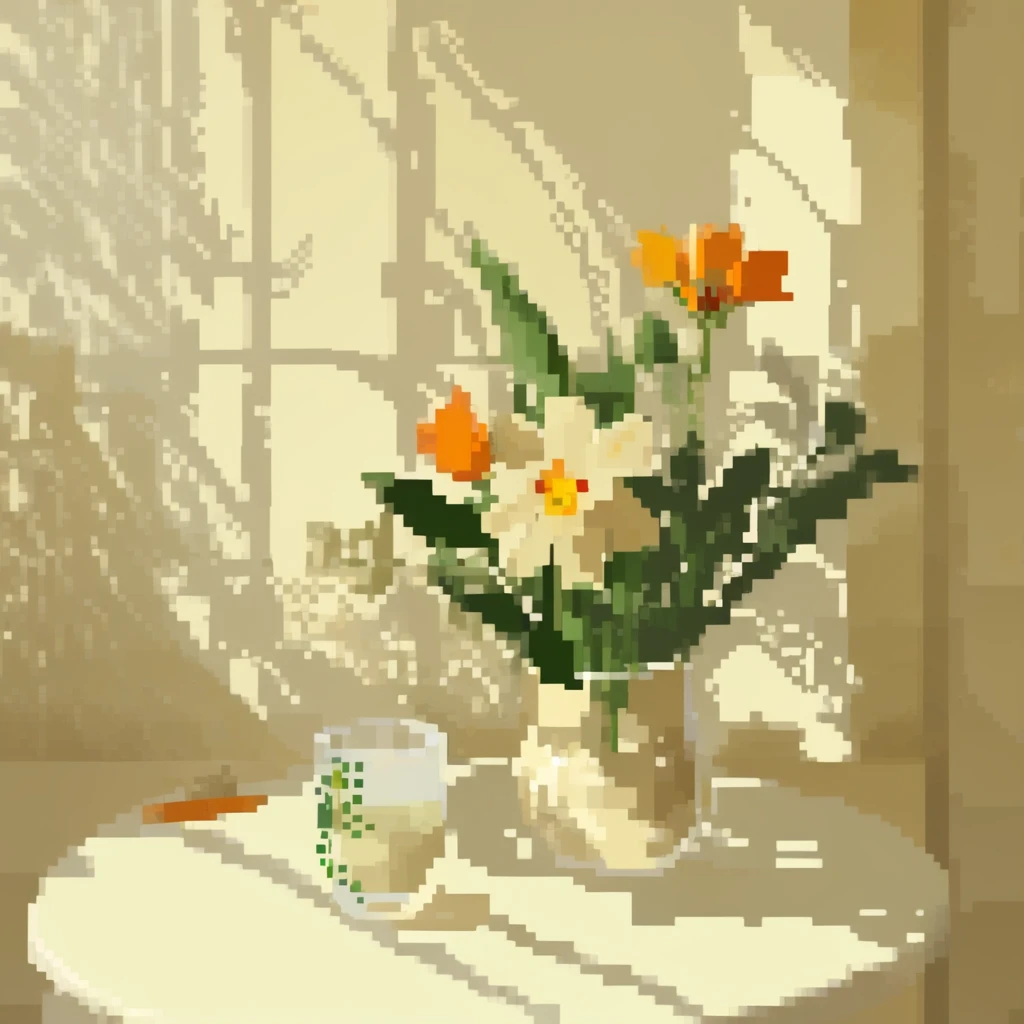 a shot of a glass cup containing green leaves and flowers, on top of a white table, beige wall paper, small cup containing orange vegetation, shadows, light coming from the window, detailed, PXLART
