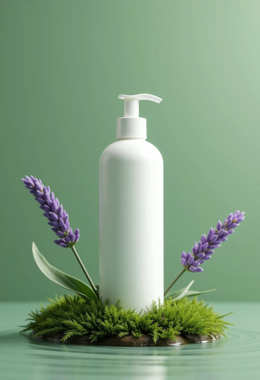 ((style_01,clean,realistic,Face cream bottle, no humans, surface of water,lavender, still life,moss,shadow,simple background,green theme,Gradient background,clean,grass)),(Simple background),ultra realistic 8k cg,flawless,clean,masterpiece,professional artwork,famous artwork,cinematic lighting,(depth of field:1.3)