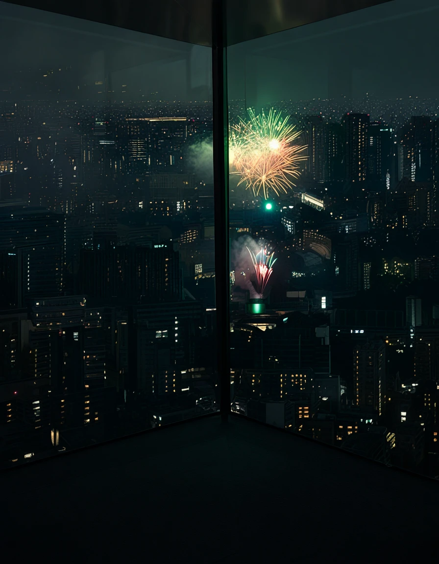 masterpiece, best quality, very aesthetic, absurdres, <lora:shibuya_sky_gallery_animagineXLV31_v31_Lion_6860_v1.32:0.9>, aerial fireworks, night sky, cityscape from sky gallery, black floor, indoor lookout, window, scenery, no humans, corner,