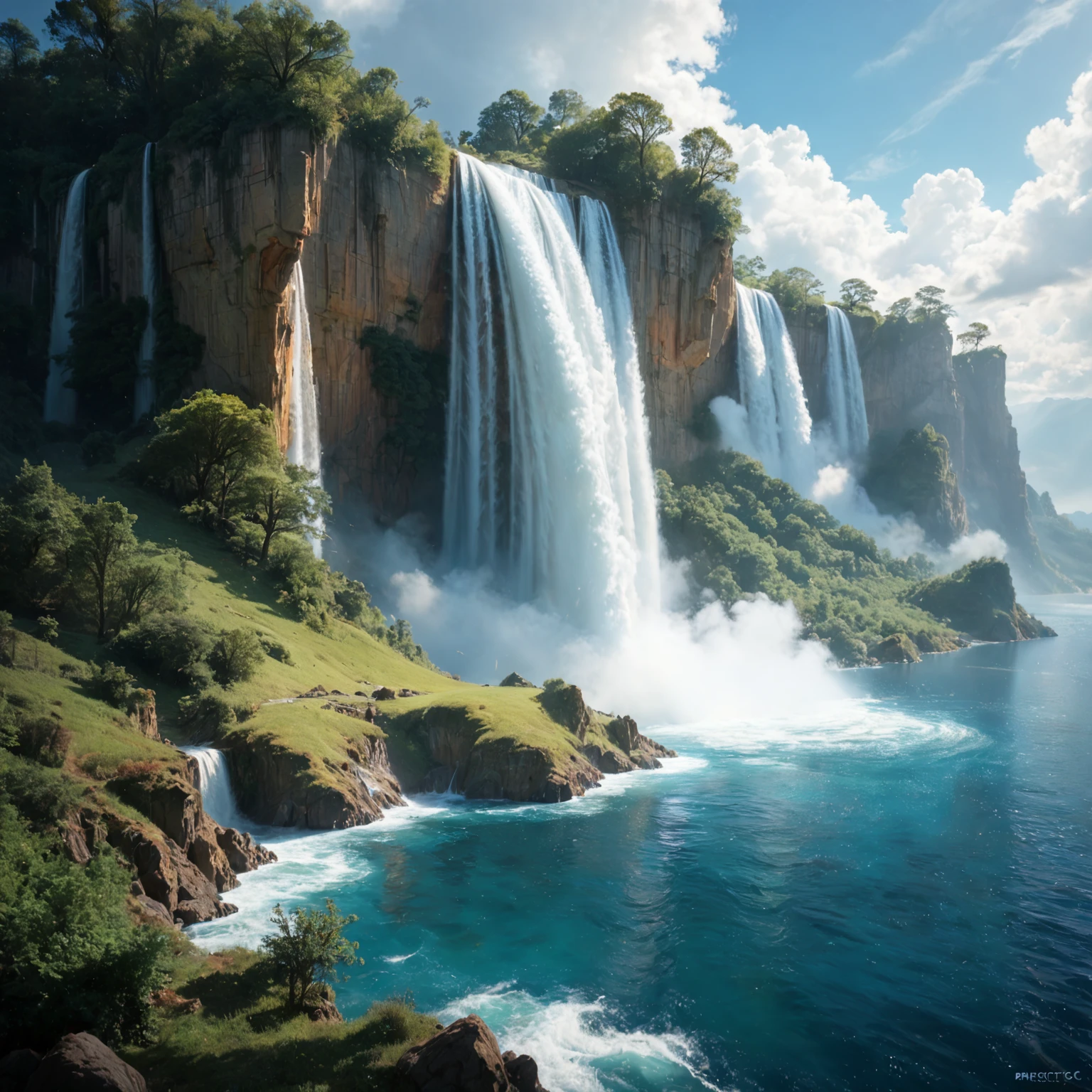 an epic sweeping landscape shot of many waterfalls are falling from a tall cliff into a massive lake, <lora:epwpony:0.8>, elementalplanewater, BREAK score_9, score_8_up, score_7_up, best quality, masterpiece, 4k, prefect lighting, very aesthetic, zPDXL