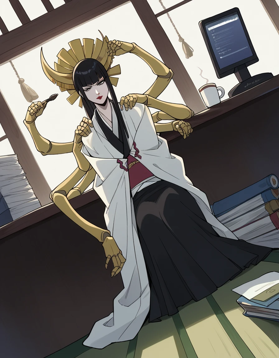 score_9, score_8_up, score_7_up, source_anime, <lora:senjumaru-shutara-anime-ponyxl-lora-nochekaiser:1>, senjumaru shutara, long hair, bangs, blunt bangs, black hair, sidelocks, black eyes, makeup, lipstick, red lipstick,, japanese clothes, kimono, mechanical arms, extra arms,, home office, working from home, computer screen, coffee cup, focus, deadline, , looking at viewer, foot on ground, hand on shoulder, elbow out, solo,, cowboy shot, dutch angle