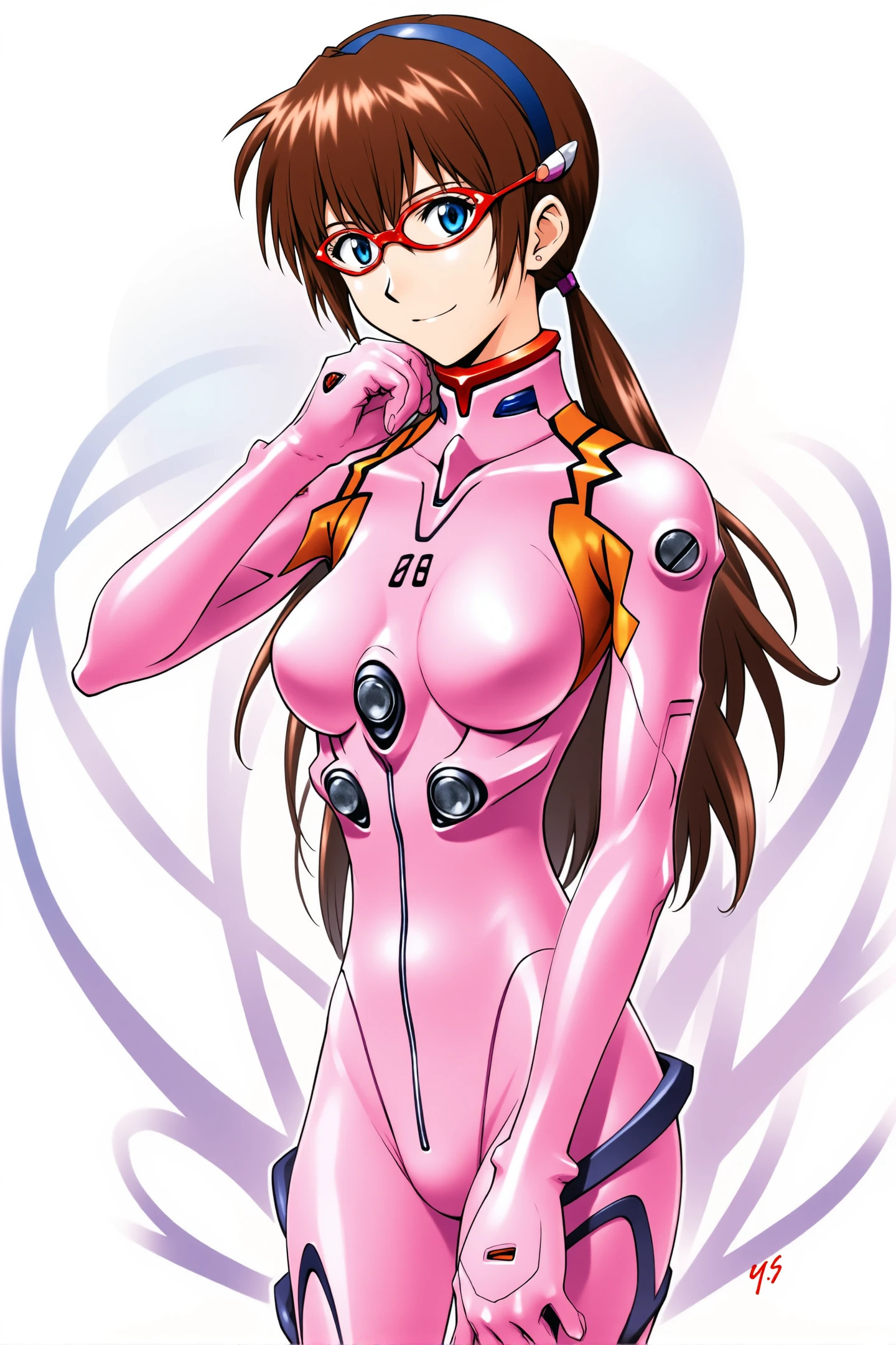 Sadamoto Yoshiyuki Style, 1girl, makinami mari illustrious, pink bodysuit, plugsuit, solo, red glasses,  blue eyes, long hair, twintails, brown hair, hairband, light smile, Mid notch bangs,
<lora:Sadamoto Yoshiyuki_FLUX:1.0>