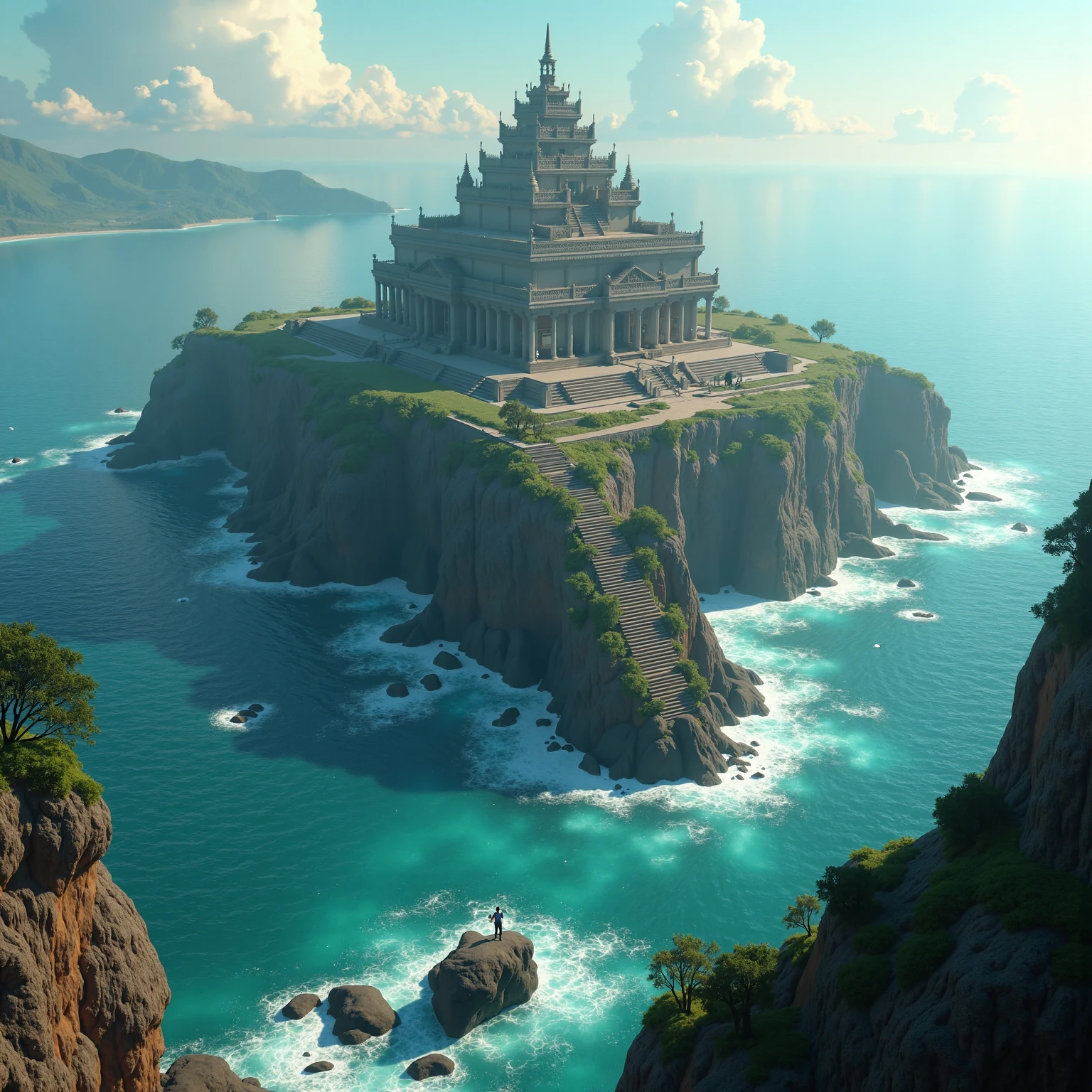 <lora:Elemental_Planes-Water:1>, elementalplanewater, a sweeping epic landscape shot of a huge and sprawling temple standing on the largest island in an island chain, the island chain is surrounded by the vast ocean