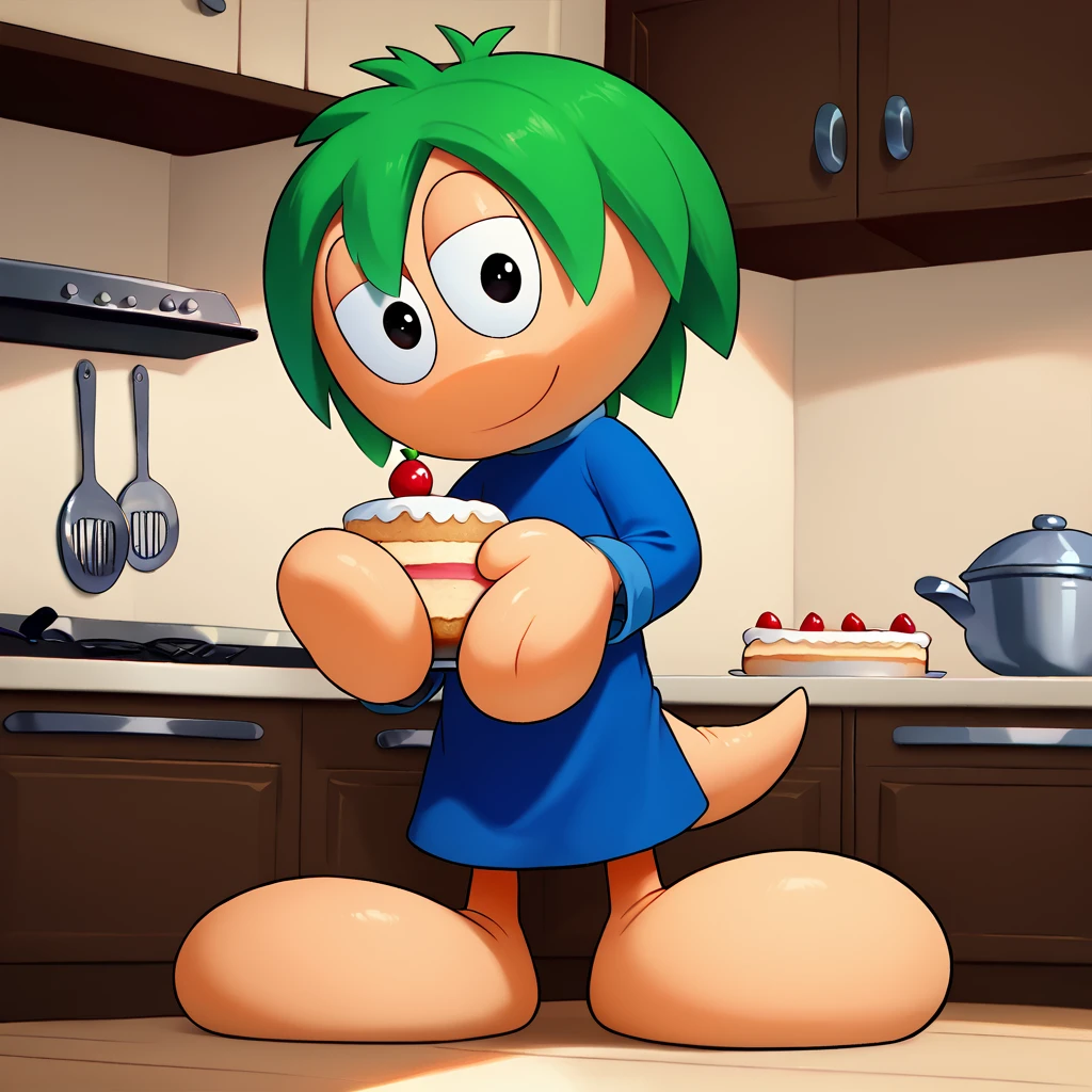 score_9, score_8_up, score_7_up, 1boy,
L3mm1ngs, Green Hair, Toony Feet, Blob Feet, Mitten Hands, Large eyes, blue robe, tail, bedroom eyes, kitchen, looking at viewer, holding a slice of cake on a plate