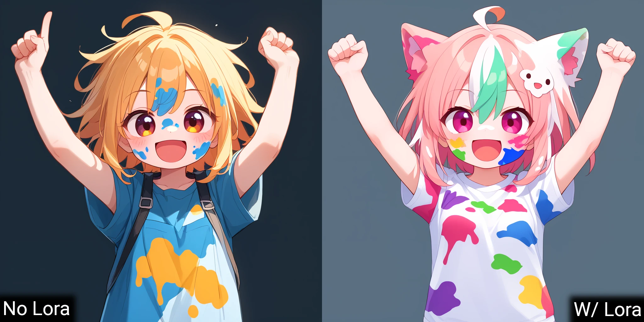 score_8_up,rating_safe,adorable young girl covered in paint excited and happy arms in the air,:D,cheering,cheerful,paint on face,paint on clothing,paint on hair,<paint-000003.safetensors:0.9>