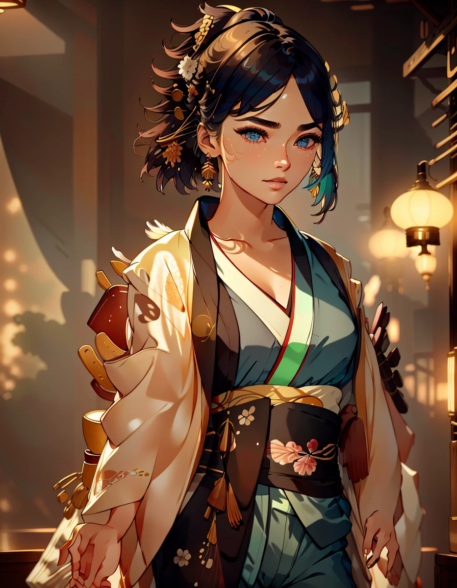 best quality,masterpiece,highly detailed,ultra-detailed,
<lora:neg9V2_last:0.5> <lora:2024-09-01:0.75>, 1girl, V-neck Tank Top Chinos , Lightweight cotton pants suitable for casual occasions. (Kimono Jacket:1.3), Silk or cotton, Elaborate patterns and vibrant colors, flat chest ,, narrow waist, Mohawk with Neon Feathers - Neon Green , fantastic details full face, dot nose,detailed Almond-shaped eyes, brown iris, straight eyebrows, brown beautiful Detailed Eyes, lips at Jazz Club - intimate and atmospheric, with live music and dim lighting.