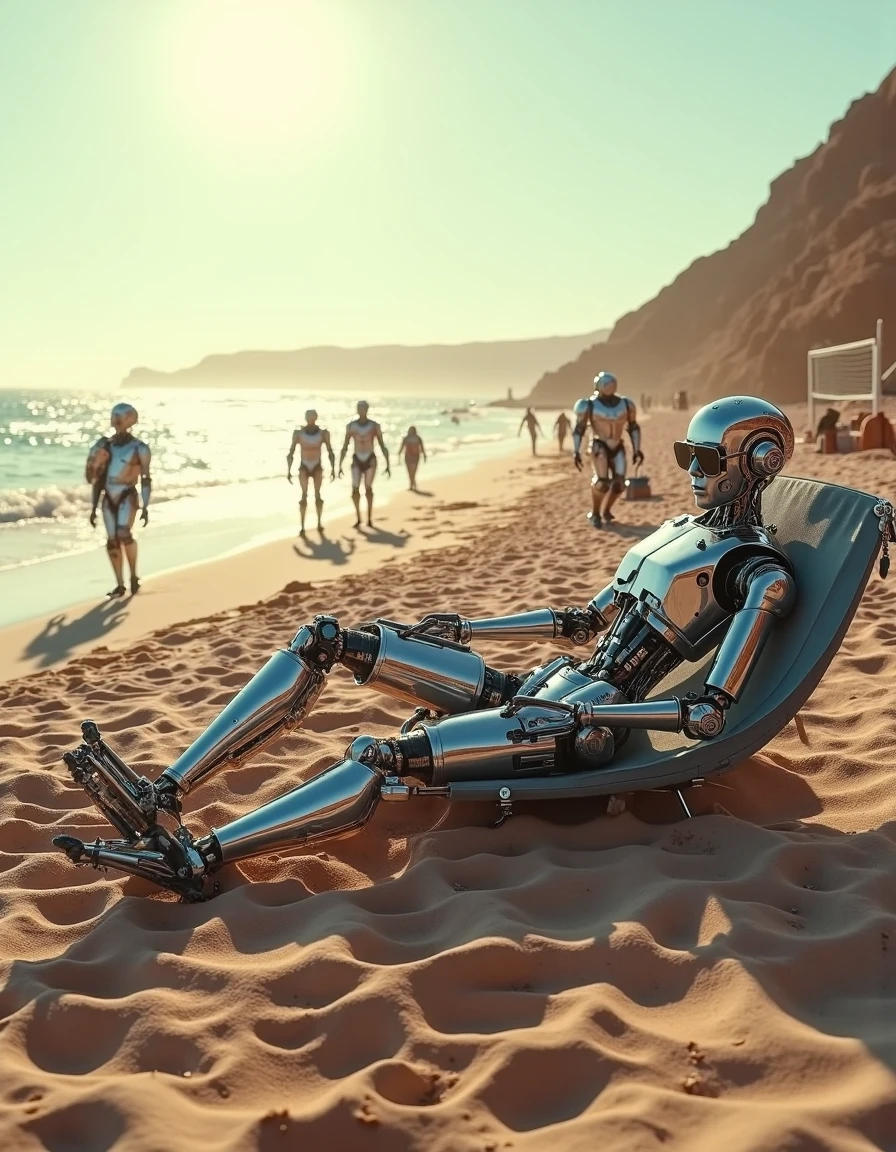 0r0105, a stunning cinematic shot of a futuristic beach where robots and droids are enjoying a day off. In the foreground, a humanoid robot with a sleek, chrome finish is lounging on a futuristic beach chair, its optics adjusted to simulate sunglasses, while a small, crab-like droid scurries across the sand, picking up seashells and placing them in a basket. The midground shows other robots engaging in beach activities—some are playing a game of holographic volleyball, while others are constructing intricate sandcastles with the help of multi-limbed robotic assistants. The background reveals a shimmering ocean with gentle waves lapping at the shore, and a bright, holographic sun casting a warm glow over the entire scene. The atmosphere is relaxed and playful, with the sound of waves and the occasional beep of robotic laughter creating a serene, leisure-filled environment.

Image Quality Tags: Cinematic realism, uniform clarity, richly detailed, beach atmosphere, intricate lighting, high-definition textures, analog movie texture, ultra-detailed, dynamic beach composition, artistic framing, relaxed and playful, soft contrasts, immersive leisure environment, warm and serene.