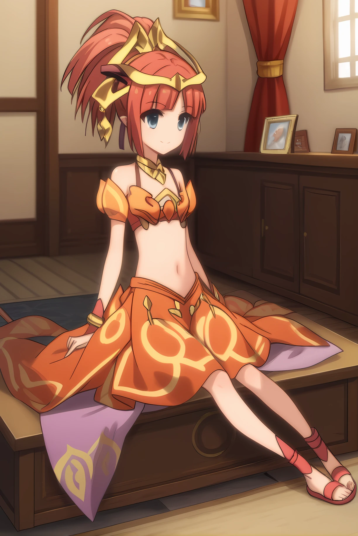 (orange dress midriff orange top orange skirt sandals), mt-sandora, red hair, hair ornament, necklace, 1girl, solo, skinny, feet, score_9, score_8_up, score_8, score_7_up, score_7, source_anime, light smile, living room, (full body|sitting|standing|lying|close-up| :1.20), <lora:mt-sandora-V01-000005:1.00>