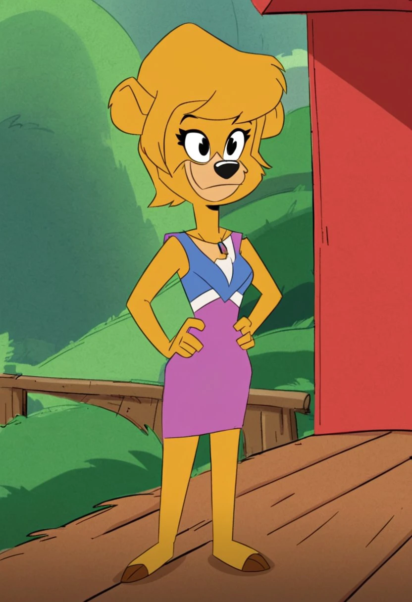 Molly Cunningham 2017, Ducktales 2017, (((solo))), female, (((1girl))), anthro, cartoon, anthro bear, yellow fur, hair, outdoors, grass,
smiling, smirk, arched eyebrows, ((((purple dress)))), standing, hands on hips,
full body view, full body,
