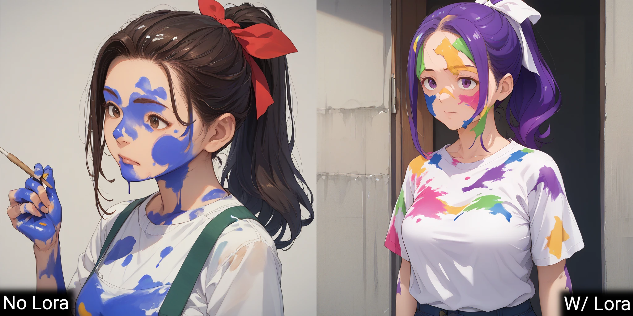 score_8_up,rating_safe,mature college art student covered in paint and in shock,D:,paint on face,paint on clothing,paint on body,paint on hair,ponytail and hair ribbon,<paint-000003.safetensors:0.9>