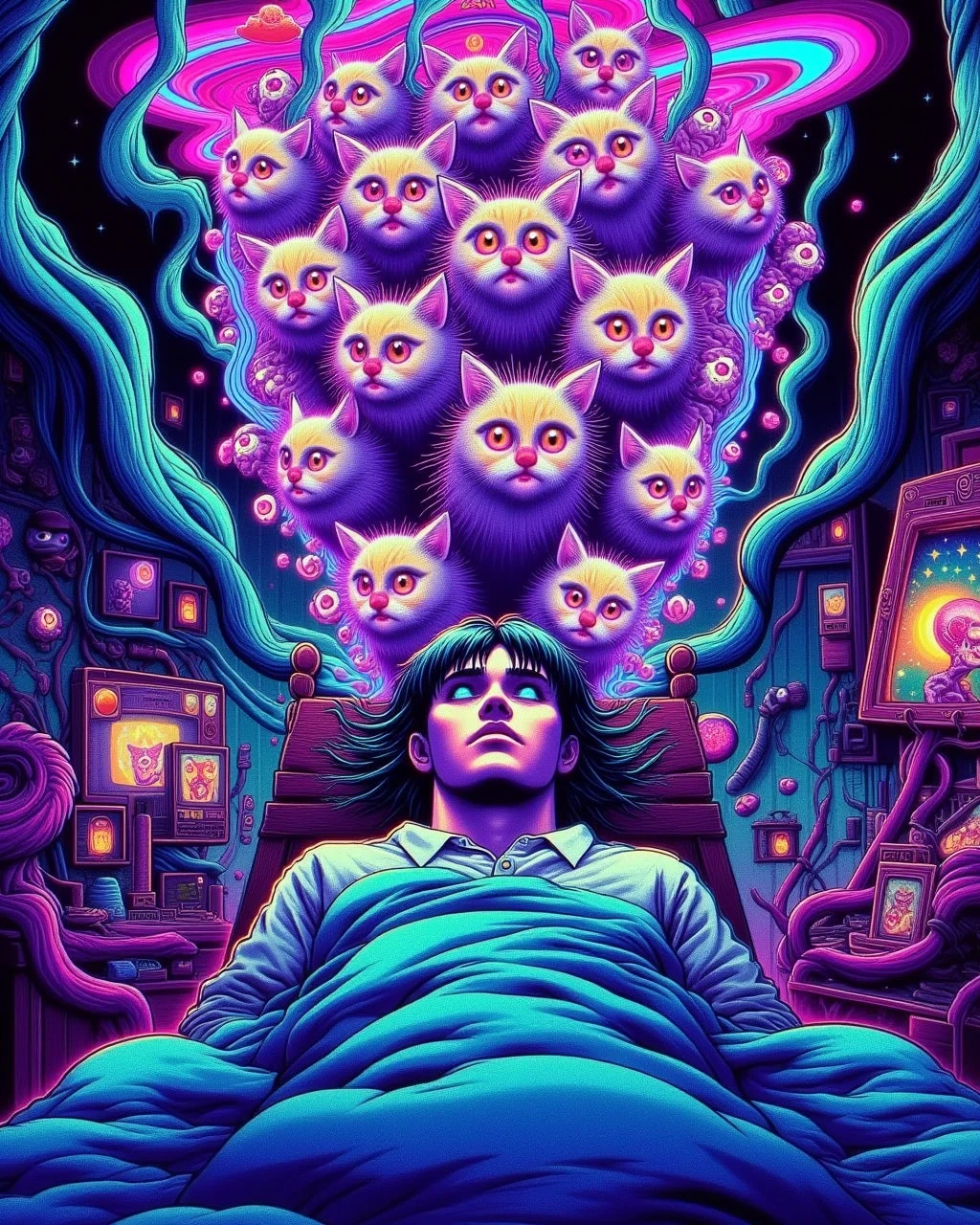 aiai-B1ngLucid a man lying in bed, having vivid dreams about cats. Above him swirling energies with a multitude of chubby cats. Lucid dreaming, surreal imagery, short horror story, synthetic 90s style, weirdcore glitch horror concepts, vhs screengrab, splits and segments