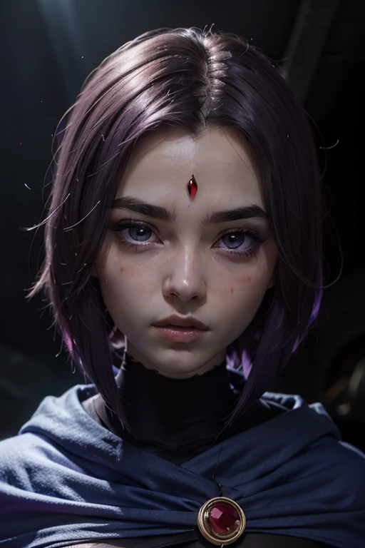 A stunning and intricate full color portrait in Ultra-HD, 16 year old girl, short purple hair, violet eyes, red gem on forehead, (grey skin), perfectly detailed face, blue cape, (dark leotard), epic characters ., alessio albi. nina masic, sharp focus, natural lighting, subsurface dispersion, f2, 35mm<lora:EMS-434451-EMS:1.000000>