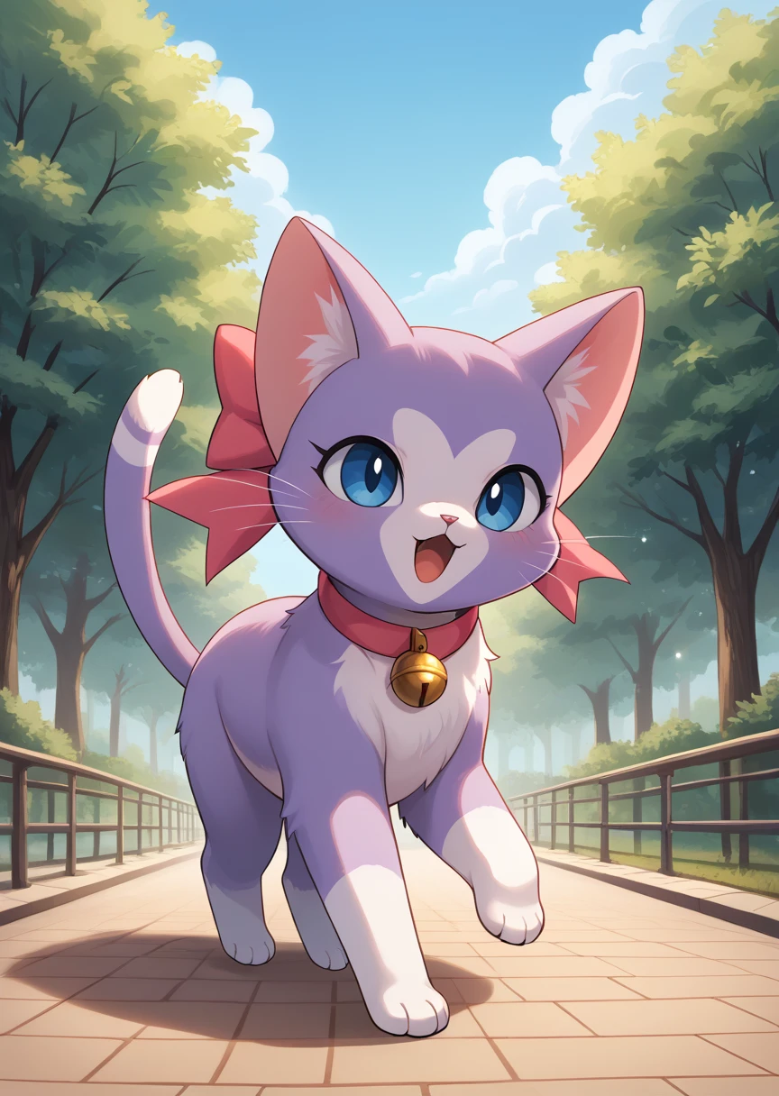 score_9, score_8_up, score_7_up, score_6_up, score_5_up, BREAK
Amanda, solo, blue eyes, bow, ribbon, no humans, bell, cat, pink bow, :<, animal focus, furry, full body, cute, detailed background, park, purple fur, (heart shaped fur), running, dynamic pose, feral