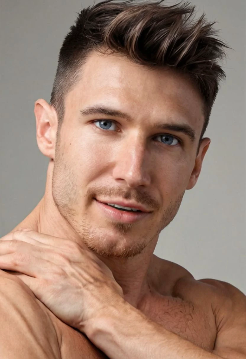 sam-cushing,(masterpiece:1.4),parted lips,upper teeth only,male focus,solo,short hair,(facial hair:1.2),beard stubble,topless,muscular,muscular male,(pectorals:1.3),large pectorals,chest hair,nipples,blue eyes,brown hair,
photograph,best quality,full color,contrasting color,highly detailed,(1boy),upper body,hand on chest,smile,front view,detailed skin,
white background,simple background,
8k,
detailed skin,elegant,alluring,attractive,amazing photograph,high quality,photorealistic,realism,art photography,Nikon D850,16k,sharp focus,
<lora:sam-cushing:0.9>,<lora:sdxl_lightning_8step_lora:0.3>,