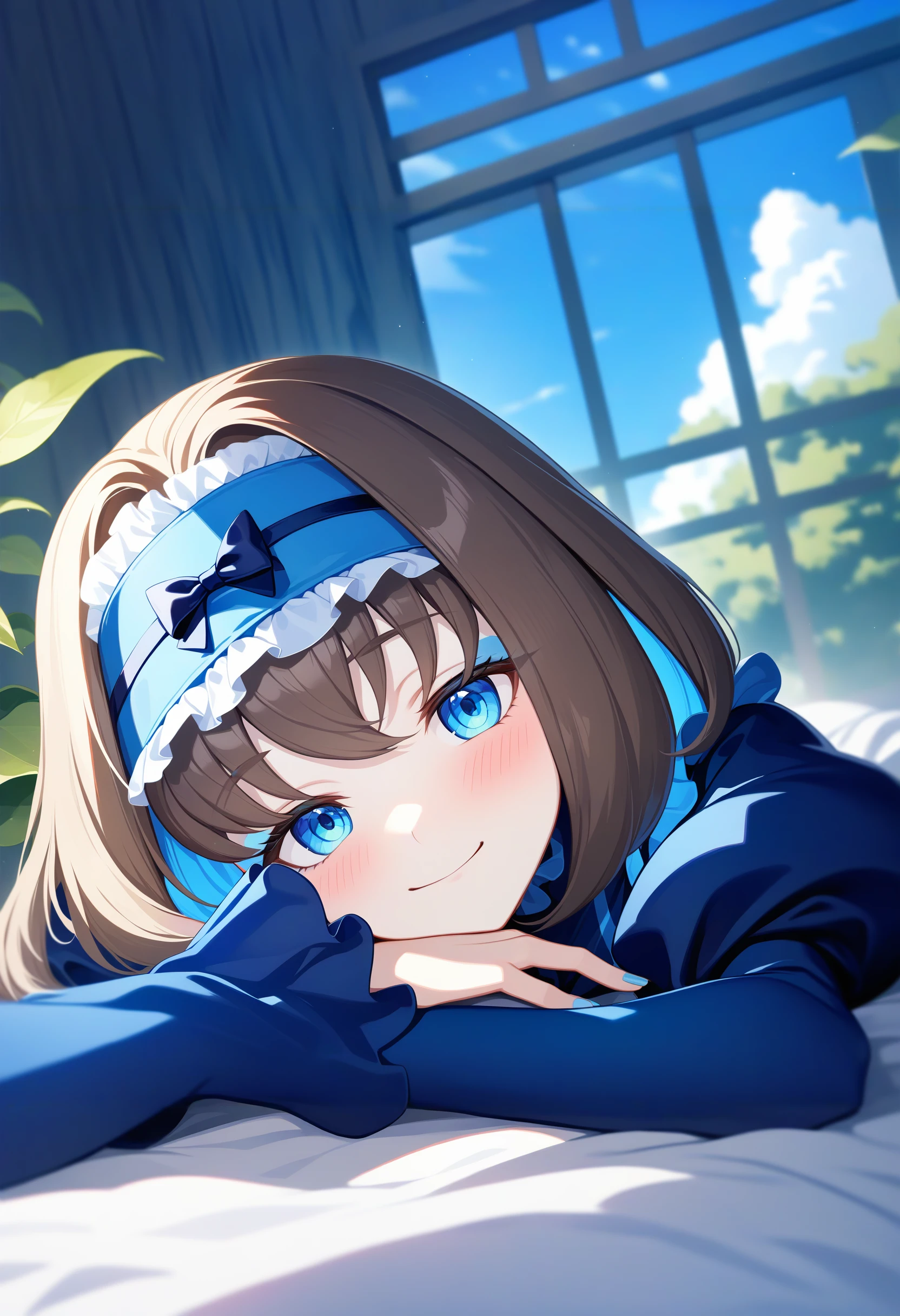 1girl,Garie,solo, puffy sleeves,  , ,juliet sleeves,frilled dress, light smile, 
on stomach, lying, looking at viewer,  bed sheet, pillow,open window,,wind, plant, indoors, shade,dappled sunlight,  head rest,  blue sky, head tilt, half-closed eyes, blush, cloud,forest, 
,depth of field, masterpiece,best quality, ultra-detailed,official wallpaper,highres,  ultra-detailed 8k wallpaper, extremely clear   , newest,  <lora:garie_loha_v5-000007:1>