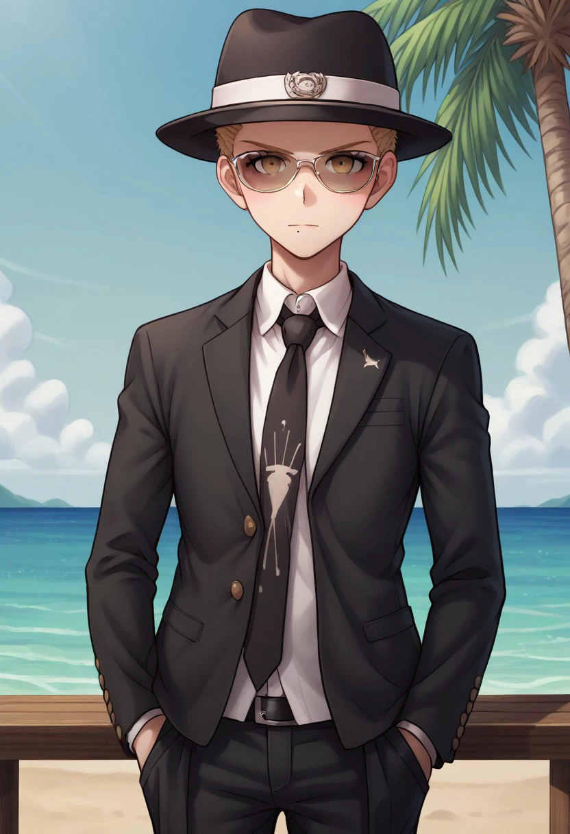 score_9, score_8_up, score_7_up, source_anime, highly detailed, 
1boy, male focus, solo, pants, short hair, hat, shirt, holding, hand in pocket, looking at viewer, black pants,  jacket, necktie, belt, formal, black jacket, long sleeves,
standing, holding eyewear, white shirt, sunglasses, collared shirt, blonde hair, black headwear, 
blush stickers, freckles, mole, upper body,
outdoor, palm tree, sky,