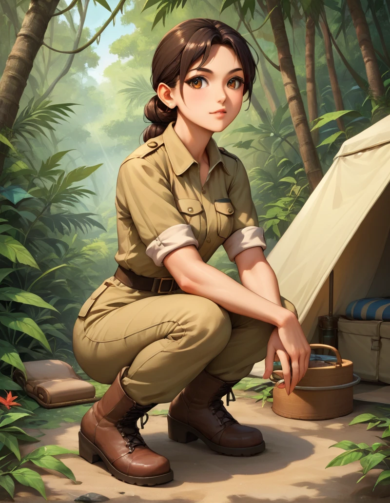 score_9, score_8_up, score_7_up, score_6_up, score_5_up, score_4_up, source_anime, rating_sfw, highly detailed, masterpiece, solo, 1girl, European female, light skin, safari_outfit, boots, campsite, jungle pool, bright scene, dense foliage, <lora:Safari_Outfit_-_Female.safetensors:0.8:0.8>