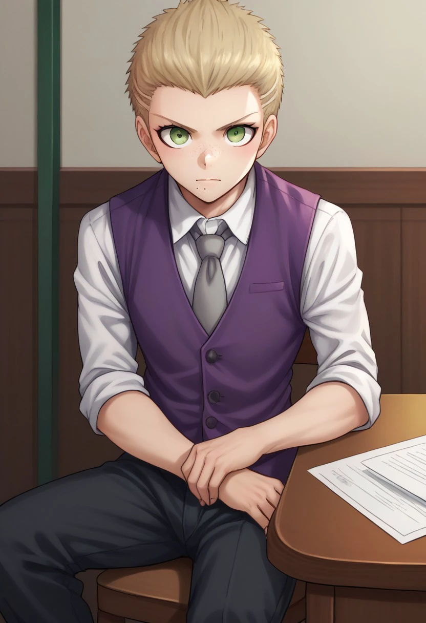 score_9, score_8_up, score_7_up, source_anime, highly detailed, 
Fuyuhiko, 1boy, male focus, solo, necktie, pants, green eyes,  short hair, black pants, shirt, blonde hair, grey necktie, collared shirt, looking at viewer, freckles, mole, vest, purple vest, white footwear,
indoor, sit, chair, table