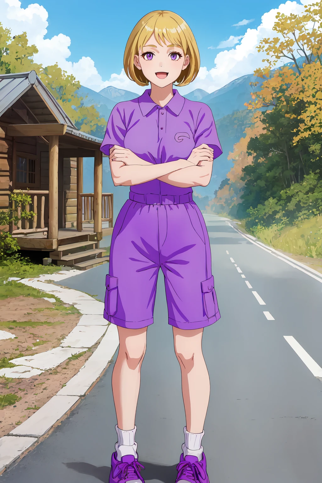 masterpiece,best quality,1girl,crissyf13,standing,full body,crossed arms,purple shirt,purple shorts,sneakers,white socks,blonde hair,short hair,happy,:d,outdoors,standing by log cabin,facing viewer,straight on, <lora:CrissyF1315-000002:0.75>