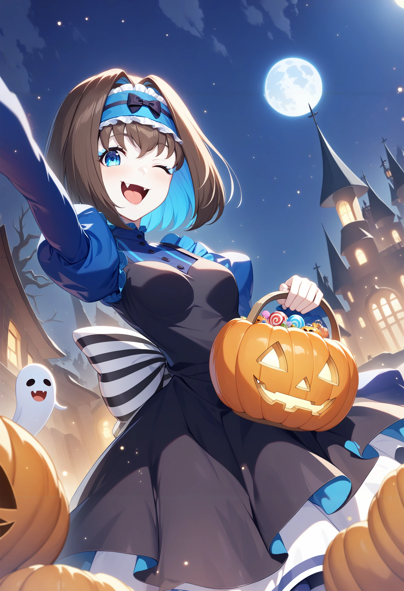 1girl,Garie,solo,, , frilled dress, puffy sleeves, ,,, juliet sleeves, striped bow,smile,tongue, one eye closed, open mouth, fang,moon,
pumpkin, halloween bucket, halloween, jack-o'-lantern,,,ghost,light particles,, bare tree, looking at viewer, castle, , , graveyard, candy, fisheye, from below, 
,depth of field, masterpiece,best quality, ultra-detailed,official wallpaper,highres,  ultra-detailed 8k wallpaper, extremely clear   , newest,  <lora:garie_loha_v5-000007:1>