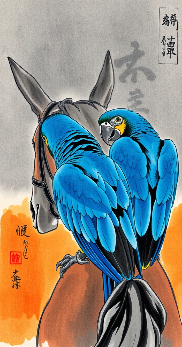 horseback in blue macaws in  clean watercolor  ink line work, stunningly vivid grey color, harsh tones on amber color, unbalanced two tonecolor, pink fine detail line work, excessive texture