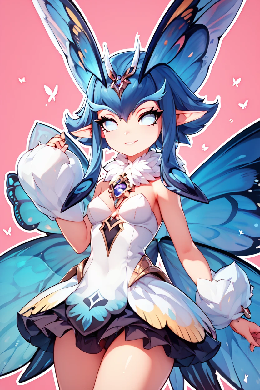 score_9, score_8_up, score_8, medium breasts, (curvy), cute, eyelashes,       BREAK, ,  zzPhantomfly, white eyes, no pupils, antennae, butterfly wings, ,,, dress, fur collar, antennae,  <lora:AzurPromiliaPDXL:0.8>, ,   BREAK,  smile, looking at viewer,  abstract pink background, (white outline:1), cowboy shot,   embedding:zPDXL, Expressiveh,  <lora:CatalystStylePDXL:0.6>,   <lora:SDXLFaeTastic2400:0.5>,   <lora:Expressive_H-000001:0.4>,