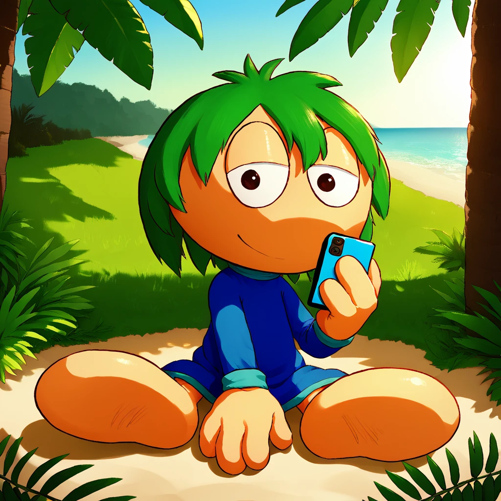 score_9, score_8_up, score_7_up, 1boy, by banana da boi,
L3mm1ngs, Green Hair, Toony Feet, Blob Feet, Mitten Hands, Large eyes, blue robe, looking at viewer, sitting, bedroom eyes, holding phone to ear

on a tropical beach under shade, surrounded by lush palm trees, soft white sand, dappled sunlight filtering through leaves, hyperrealistic, vibrant colors, cinematic lighting, peaceful atmosphere, detailed texture, digital painting