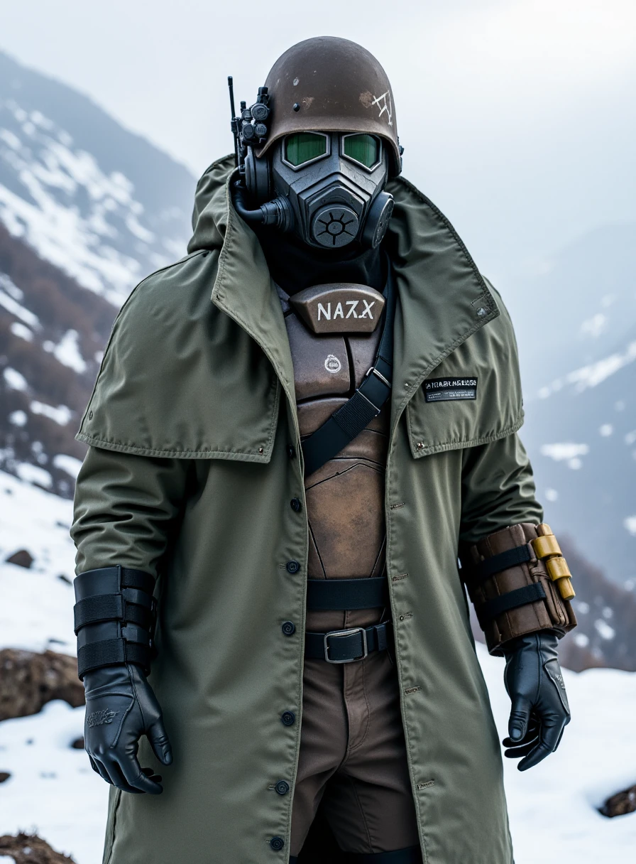 very detailed realistic photography of d3s3rtr4flux, helmet, gas mask, gloves, coat, standing in snowy mountain, <lora:Desert_ranger_VX_-_Flux_Dev:1>