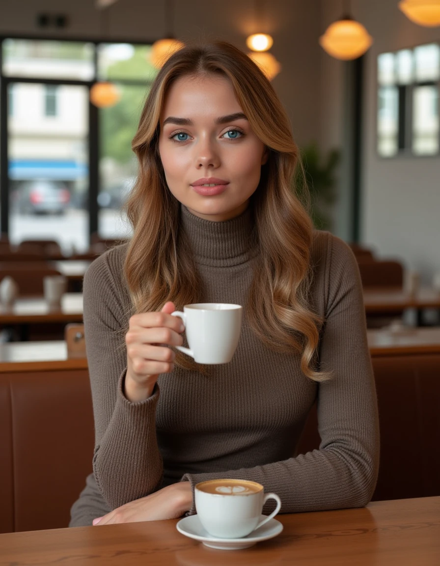 <lora:Keira_Blue_Flux:1> realistic photo of keirablue wearing a fitted sweater  dress in a cafe having a coffee.