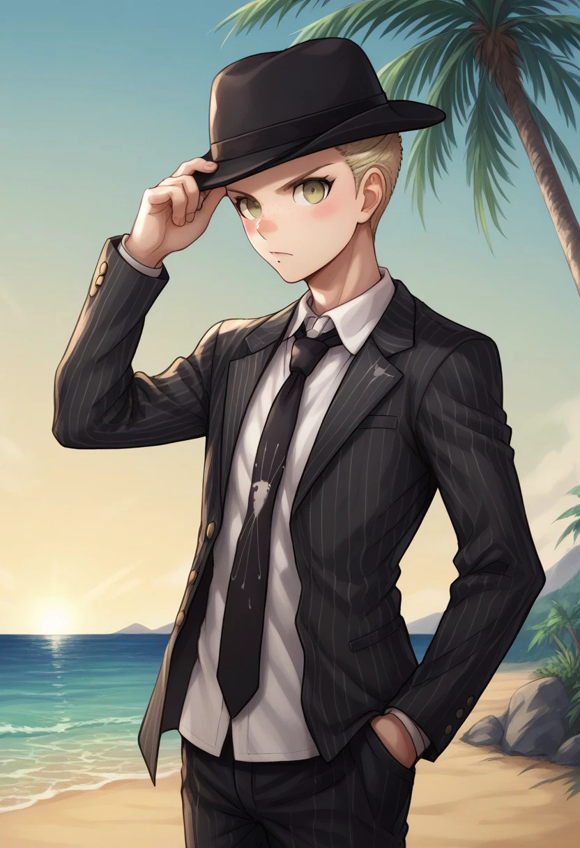 score_9, score_8_up, score_7_up, source_anime, highly detailed, 
Fuyuhiko, 1boy, male focus, solo, hat, necktie, pants, striped, short hair, black pants, shirt, jacket, hand in pocket, black headwear, blonde hair, black necktie, collared shirt, looking at viewer, cowboy shot,
formal, striped jacket, pinstripe pattern, black jacket, long sleeves, hand on headwear, grey shirt,
open clothes, open jacket, freckles, blush stickers, freckles, mole,
outdoor, palm tree, sky,