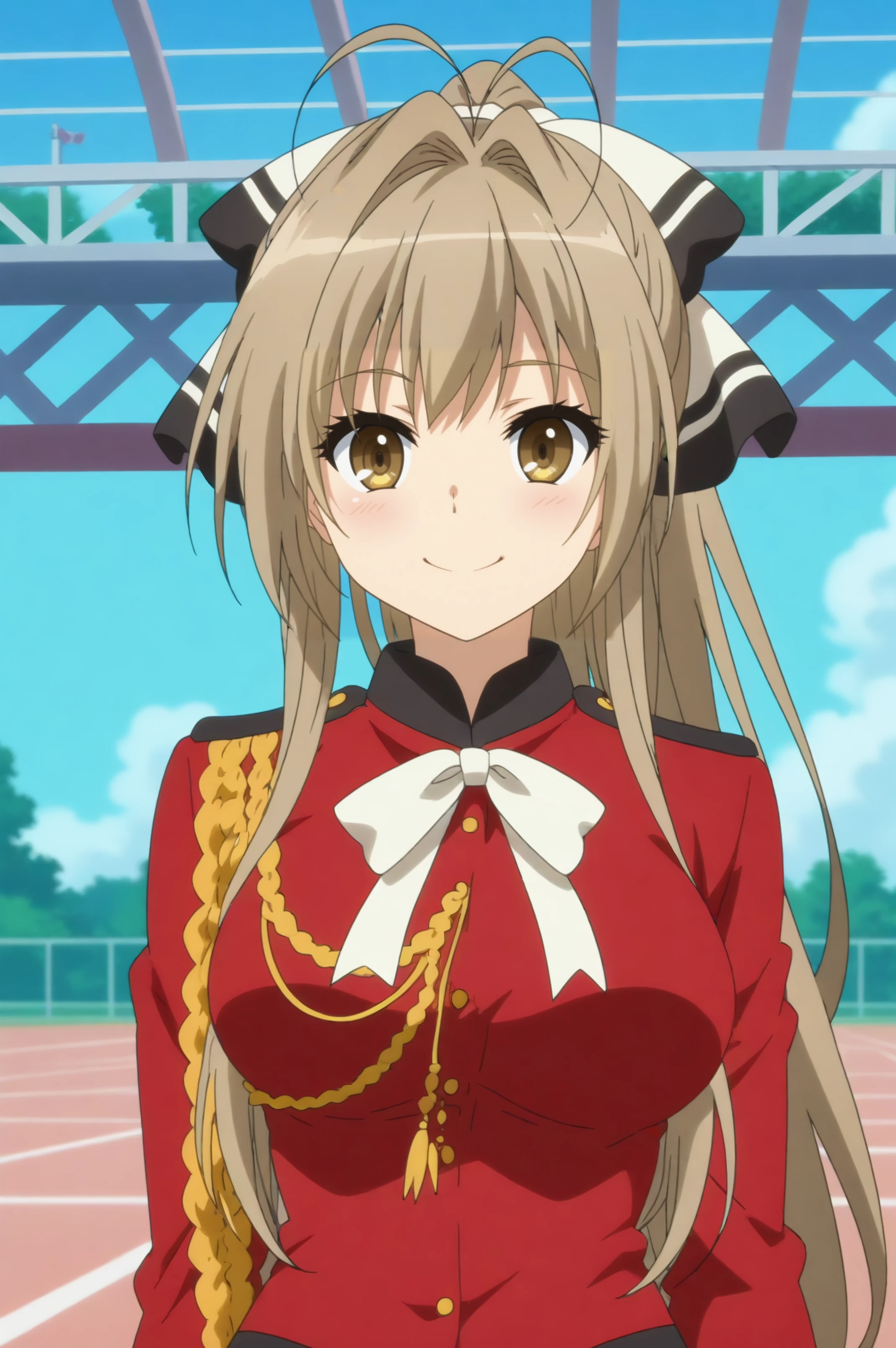 isuzu sento,anime screencap,1girl,solo,long hair,ponytail,antenna hair,aiguillette,uniform,breasts,hair bow,looking at viewer,outdoors, amusement park,roller coaster,smile <lora:Isuzu_Sento.safetensors:0.8>