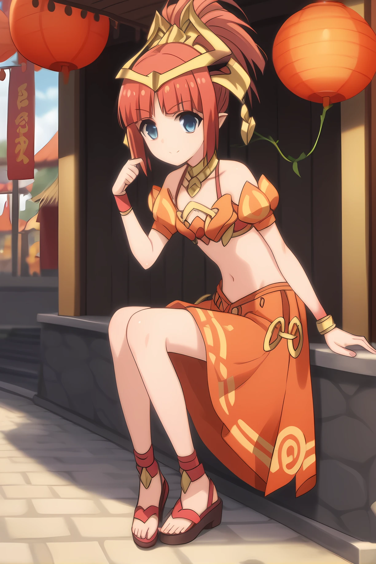 (midriff orange top orange skirt sandals), mt-sandora, red hair, hair ornament, necklace, 1girl, solo, skinny, feet, score_9, score_8_up, score_8, score_7_up, score_7, source_anime, lewd, festival, (full body|sitting|standing|lying|close-up| :1.20), <lora:mt-sandora-V01-000005:0.90>