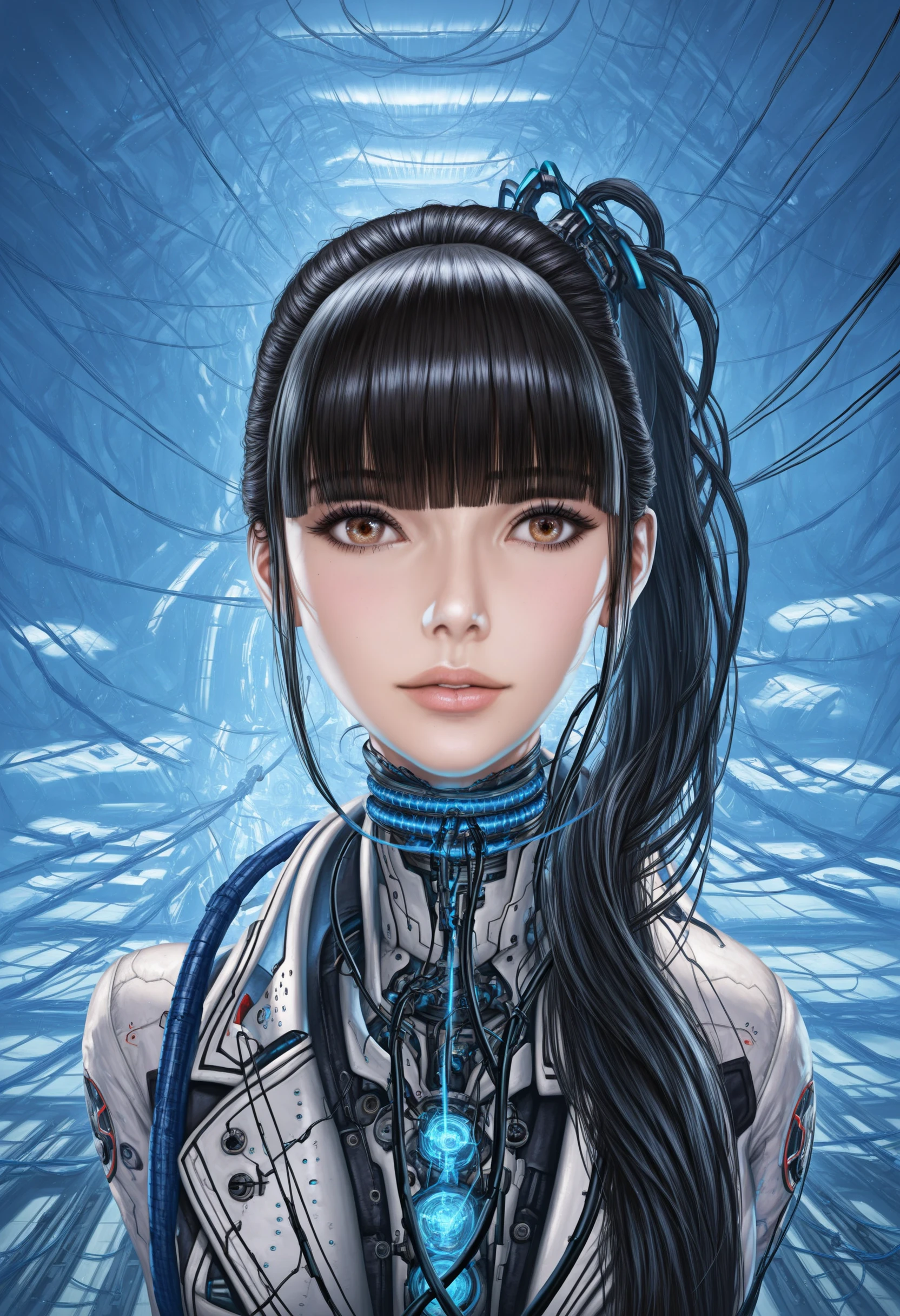 sysdeep_eve, 1girl, solo, long_hair, looking_at_viewer, black_hair, brown_eyes, upper_body, ponytail, blunt_bangs, side_ponytail, science_fiction, realistic, cable, wire, <lora:Eve - [Stellar Blade] - Pony Version 1:0.8>