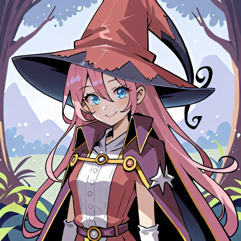 score_9, score_8_up, score_7_up, score_6_up, source_anime, BREAK, <lora:Pamela:0.70> pamdef, 1girl, pink hair, long hair, blue eyes, witch hat, witch outfit, white elbow gloves, cape, (face), (close-up), looking at viewer, smile, happy, scenery, exterior, outdoors, forest, jungle,  <lora:backgroundsetXL:0.25> , background,  <lora:ExobeloStyle:0.55>