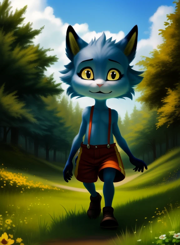 <lora:ChaleyGobYPYif:1> ChaleyGobYP, yellow sclera, black eyes, black ears, blue fur,  dark blue paws, red pants with suspenders, purple eyeshadow,  cat tail, chibi,
Looks at the viewer, Four fingers, (( walking, ))
[ large window, (nature), forest, grass, day shining, clouds, flowers, ]
(beautiful, aesthetic, perfect, delicate, intricate, saturated colors), masterpiece, digital drawing, best quality,
[by personalami], by smitty g, [[[by Foxovh]]], [[by Ross Tran]]