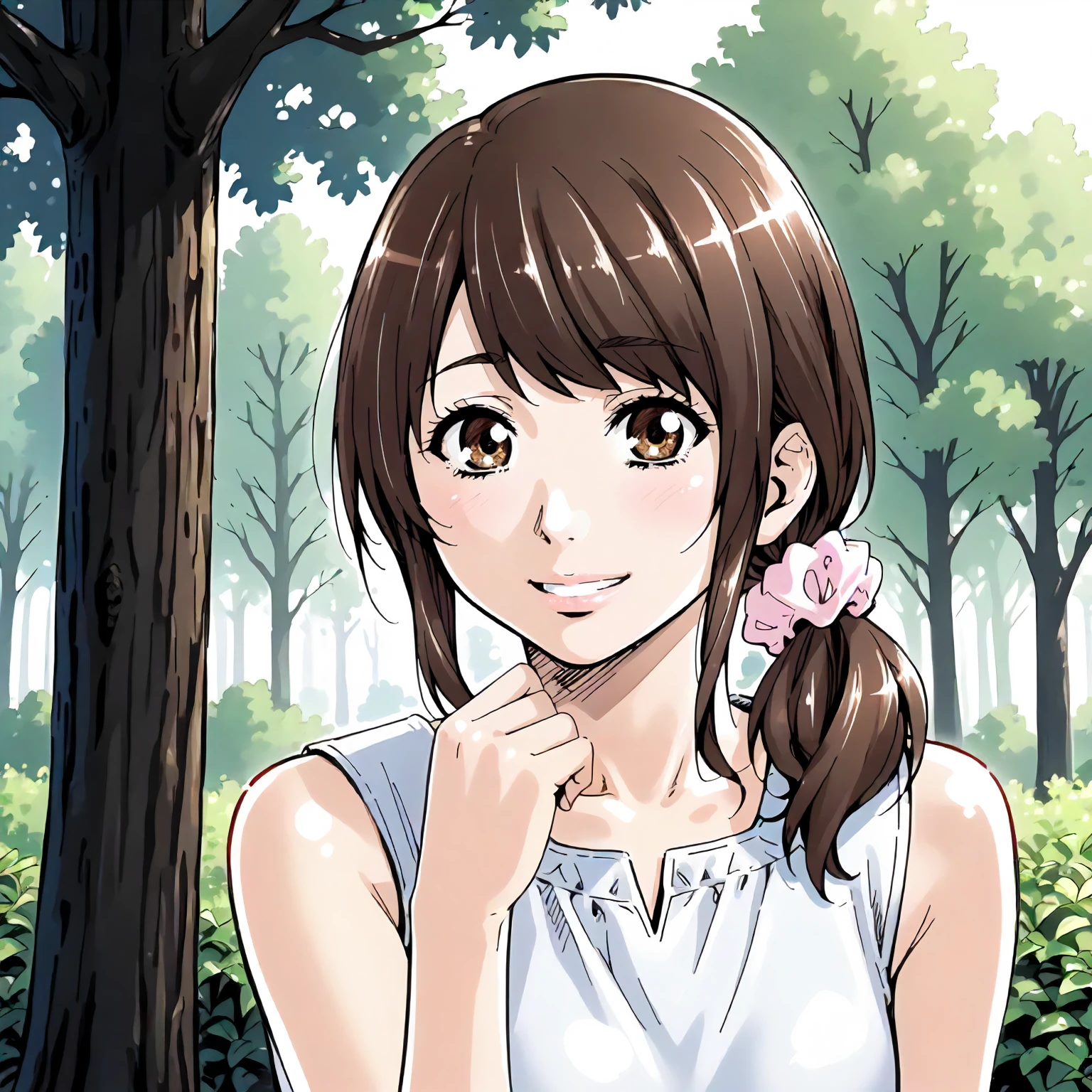 <lora:Us_SaekoXLpony003:0.8>,
outdoors,nature,
smile,
solo,
Saeko,1girl,brown hair,low ponytail,hair scrunchie,brown eyes,
dress,sleeveless,
upper body,