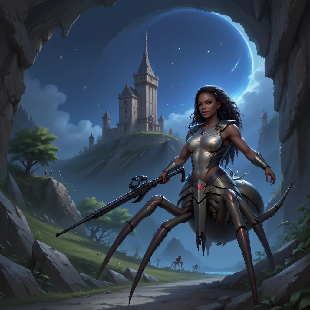 4r4chn1d, Sierra Leonean woman, in a location that can be described with the keywords no humans, scenery, castle, building, night, outdoors, sky, arch, ruins, fantasy, sketch, holding a Personal defense weapon