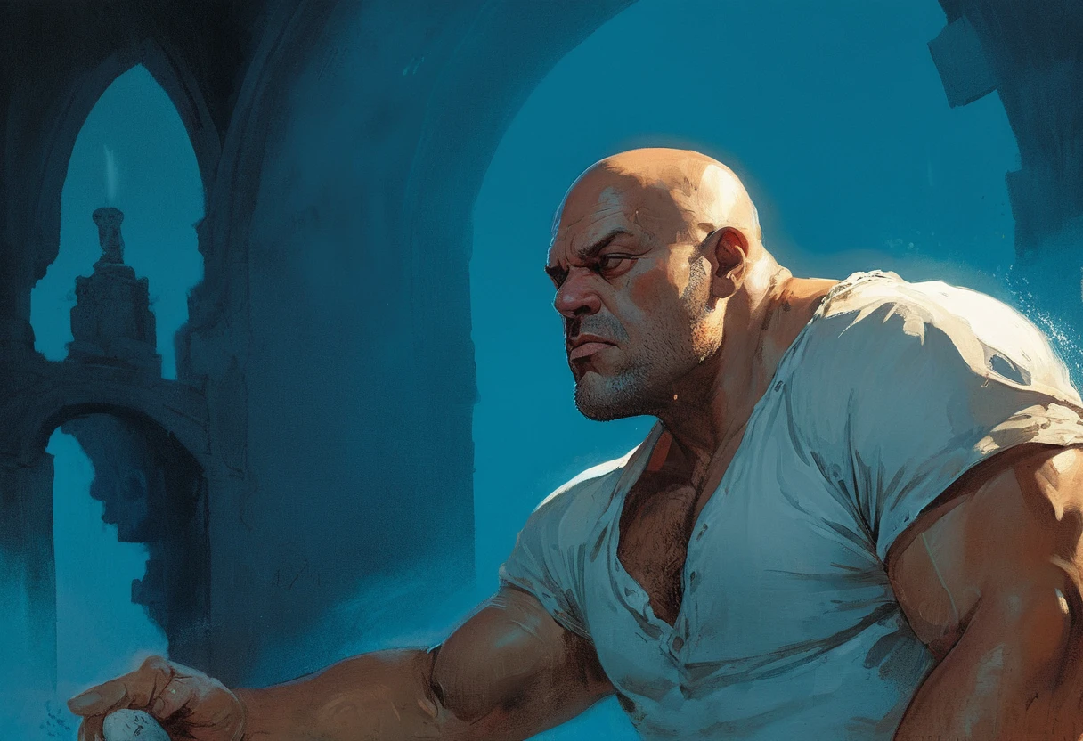 Big Lenny,man, by greg rutkowski, by greg tocchini, by james gilleard, by joe fenton, by kaethe butcher, by greg rutkowski, by gustave dore, dynamic lighting, gradient light blue, brown, blonde cream and white color scheme, grunge aesthetic<lora:Big Lenny SDXL:0.9>