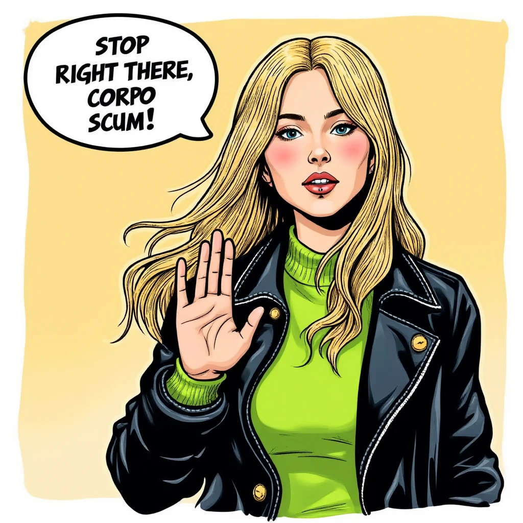 a 90s style US comic cartoon panel showing aimeevanbaalen. aimeevanbaalen has long light blond hair which is waving in the wind. She is wearing a lip piercing, a black leather jacket and a lime green shirt. As she is talking, a speech bubble is originating from her mouth, saying "STOP RIGHT THERE, CORPO SCUM!". She looks commanding, one arm held in front of her in a stopping pose. The comic is colorful and kids-friendly. It is printed on white comic book paper.