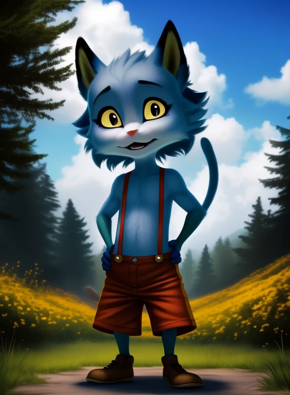 <lora:ChaleyGobYPYif:1> ChaleyGobYP, yellow sclera, black eyes, black ears, blue fur,  dark blue paws, red pants with suspenders, purple eyeshadow,  cat tail, chibi,
Looks at the viewer, Four fingers, ((Hands on hips, standing,))
[ large window, (nature), forest, grass, day shining, clouds, flowers, ]
(beautiful, aesthetic, perfect, delicate, intricate, saturated colors), masterpiece, digital drawing, best quality,
[by personalami], by smitty g, [[[by Foxovh]]], [[by Ross Tran]]