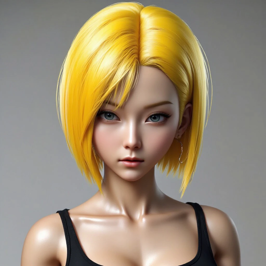 (By Tsutomu Nihei:100) Super face Closeup Portrait,(erotic face augmentation:1.45), (thin glossy ceramic-like coat:1.5 on face), epic skin details, Android 18 with pale, silvery skin that sparkles faintly like stardust, flowing short yellow hair, massive breasts, very horny gaze, blue eyes, Her facial features are extremely ultra cute, soft and delicate, with a small, upturned nose and gently curved lips that glisten like liquid silver. Her hair is a cloud of soft, yellow mist that floats around her head, twinkling with tiny points of light. (style Paul Chadeisson:1.35) , Satin texture, 35mm photograph, film, bokeh, professional, 4k, highly detailed