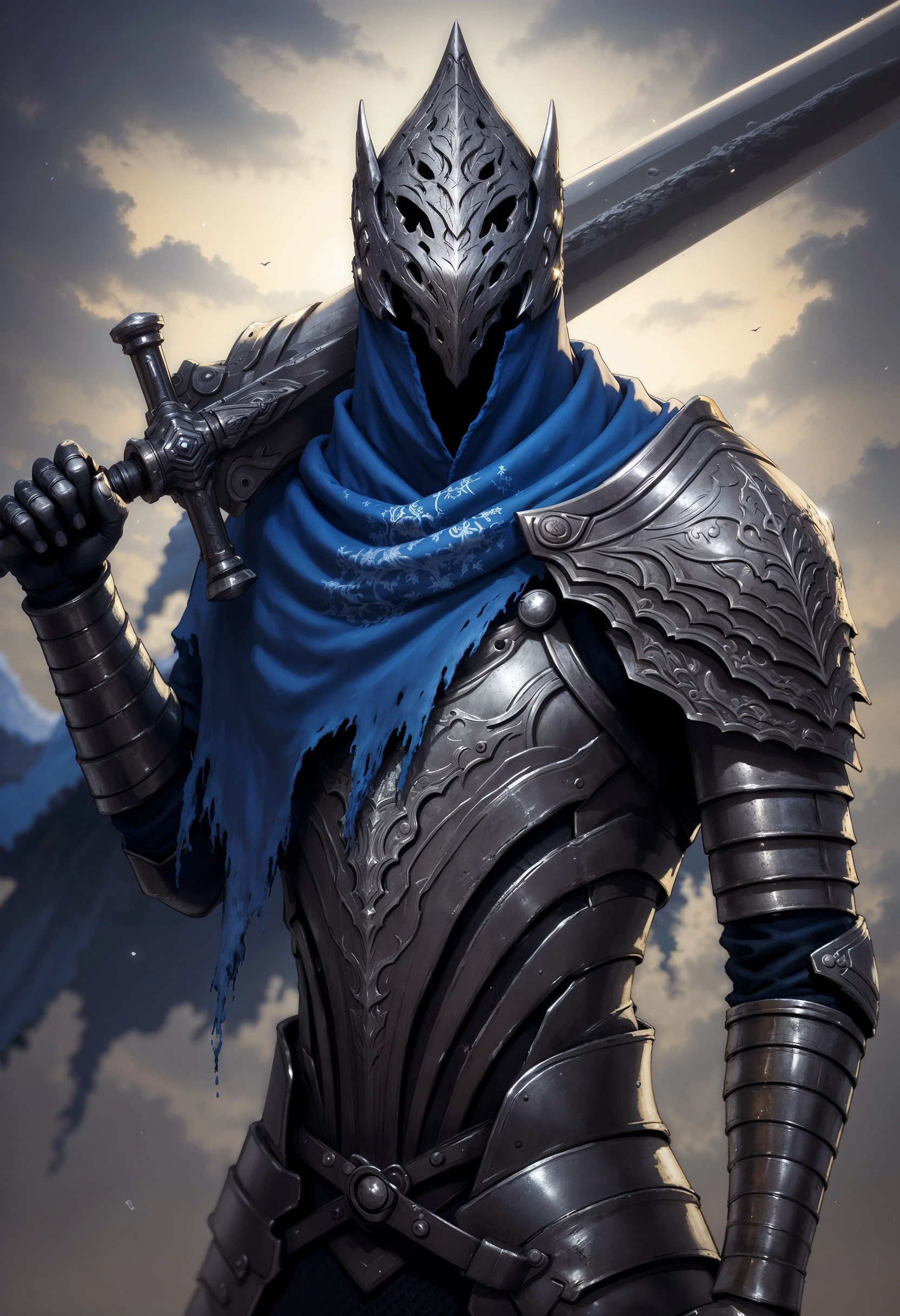 FluxArtorias, A valiant knight, holding a greatsword over his shoulder, dons a gleaming helmet under a billowing blue cloak. His dark soulful eyes pierce through the ultra-realistic painting, capturing the essence of bravery and honor. The intricate details of his armor, with every etch and scratch meticulously depicted, bring the image to life. The artist's skill in capturing the knight's stoic demeanor and majestic presence is nothing short of masterful. <lora:FluxArtorias:1>