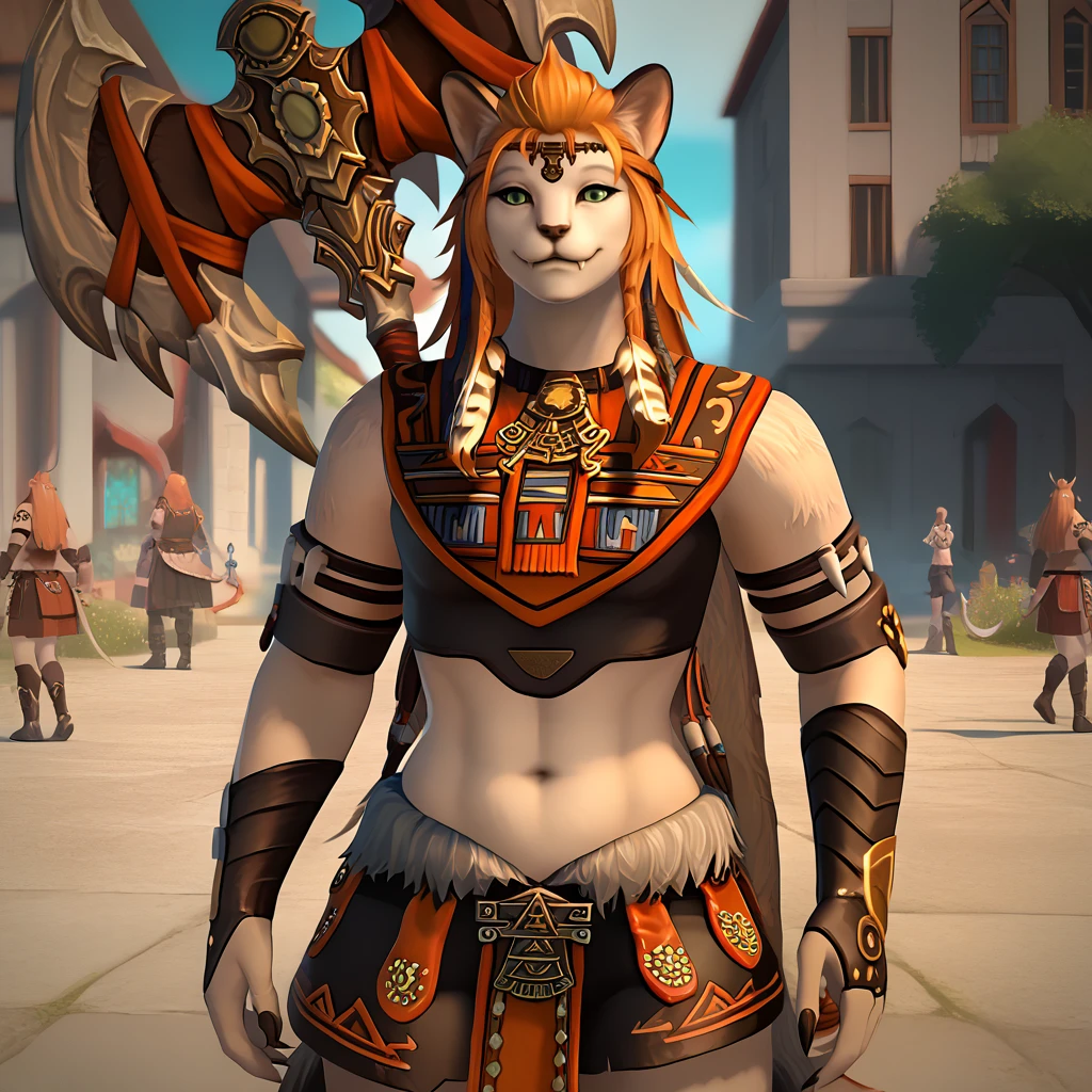 score_9, score_8_up, score_7_up, source_furry, 1girl, solo, uncensored, <lora:WukLamatXL_v1.2:1> wuk lamat, orange hair, tribal armor, looking at viewer, smile, happy, confident, carrying axe, outdoors, fantasy, town