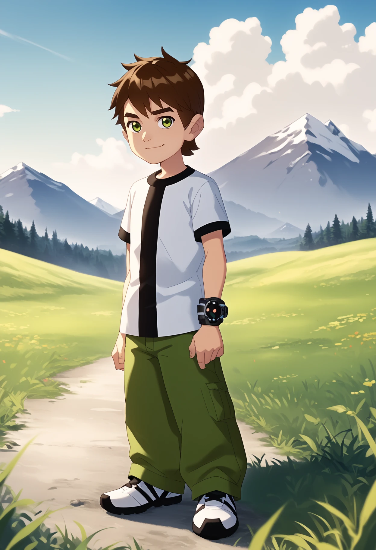 score_9, score_8_up, score_7_up, BREAK
1boy, bentennyson, brown hair, green eyes, 
green pants, shirt,
smile, full body, standing, solo, looking at viewer, grass, blue sky, mountains background    <lora:Ben10XL_byKonan:1>